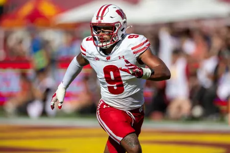 Wisconsin Badgers safety Austin Brown (9) defends during a Big Ten Conference NCAA college football game against the USC Trojans, Saturday, Sept. 28, 2024, in Los Angeles, Cal. USC won 38-21. (Photo by David Stluka/Wisconsin Athletic Communications)