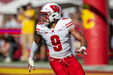 Wisconsin Badgers safety Austin Brown (9) defends during a Big Ten Conference NCAA college football game against the USC Trojans, Saturday, Sept. 28, 2024, in Los Angeles, Cal. USC won 38-21. (Photo by David Stluka/Wisconsin Athletic Communications)
