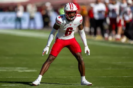 Wisconsin Badgers defensive back Xavier Lucas (6) defends during a Big Ten Conference NCAA college football game against the USC Trojans, Saturday, Sept. 28, 2024, in Los Angeles, Cal. USC won 38-21. (Photo by David Stluka/Wisconsin Athletic Communications)