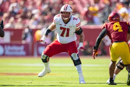Wisconsin Badgers offensive lineman Riley Mahlman (71) blocks during a Big Ten Conference NCAA college football game against the USC Trojans, Saturday, Sept. 28, 2024, in Los Angeles, Cal. USC won 38-21. (Photo by David Stluka/Wisconsin Athletic Communications)