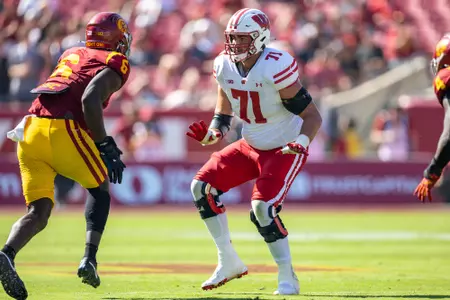 Wisconsin Badgers offensive lineman Riley Mahlman (71) blocks during a Big Ten Conference NCAA college football game against the USC Trojans, Saturday, Sept. 28, 2024, in Los Angeles, Cal. USC won 38-21. (Photo by David Stluka/Wisconsin Athletic Communications)
