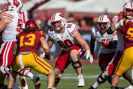 Wisconsin Badgers offensive lineman Joe Huber (60) blocks during a Big Ten Conference NCAA college football game against the USC Trojans, Saturday, Sept. 28, 2024, in Los Angeles, Cal. USC won 38-21. (Photo by David Stluka/Wisconsin Athletic Communications)