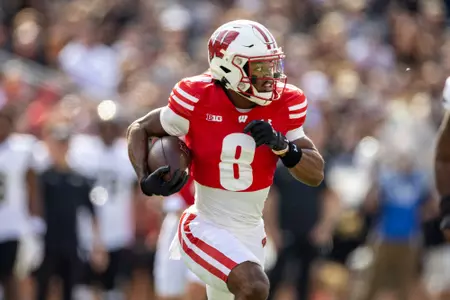Wisconsin Badgers wide Receiver Vinny Anthony II (8) scores a touchdown during a Big Ten Conference NCAA college football game against the Purdue Boilermakers, Saturday, Oct. 5, 2024, in Madison, Wis. The Badgers won 52-6. (Photo by David Stluka/Wisconsin Athletic Communications)