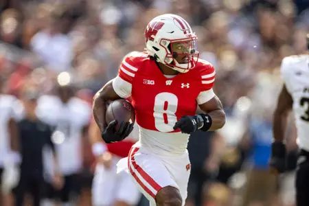 Wisconsin Badgers wide Receiver Vinny Anthony II (8) scores a touchdown during a Big Ten Conference NCAA college football game against the Purdue Boilermakers, Saturday, Oct. 5, 2024, in Madison, Wis. The Badgers won 52-6. (Photo by David Stluka/Wisconsin Athletic Communications)