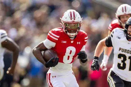 Wisconsin Badgers wide Receiver Vinny Anthony II (8) scores a touchdown during a Big Ten Conference NCAA college football game against the Purdue Boilermakers, Saturday, Oct. 5, 2024, in Madison, Wis. The Badgers won 52-6. (Photo by David Stluka/Wisconsin Athletic Communications)