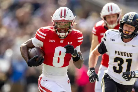 Wisconsin Badgers wide Receiver Vinny Anthony II (8) scores a touchdown during a Big Ten Conference NCAA college football game against the Purdue Boilermakers, Saturday, Oct. 5, 2024, in Madison, Wis. The Badgers won 52-6. (Photo by David Stluka/Wisconsin Athletic Communications)