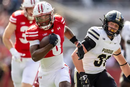 Wisconsin Badgers wide Receiver Vinny Anthony II (8) scores a touchdown during a Big Ten Conference NCAA college football game against the Purdue Boilermakers, Saturday, Oct. 5, 2024, in Madison, Wis. The Badgers won 52-6. (Photo by David Stluka/Wisconsin Athletic Communications)