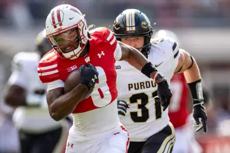 Wisconsin Badgers wide Receiver Vinny Anthony II (8) scores a touchdown during a Big Ten Conference NCAA college football game against the Purdue Boilermakers, Saturday, Oct. 5, 2024, in Madison, Wis. The Badgers won 52-6. (Photo by David Stluka/Wisconsin Athletic Communications)