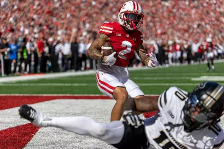 Wisconsin Badgers wide receiver Trech Kekahuna hauls in a touchdown reception during a Big Ten Conference NCAA college football game against the Purdue Boilermakers, Saturday, Oct. 5, 2024, in Madison, Wis. The Badgers won 52-6. (Photo by David Stluka/Wisconsin Athletic Communications)