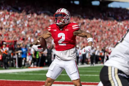Wisconsin Badgers wide receiver Trech Kekahuna celebrates a touchdown reception during a Big Ten Conference NCAA college football game against the Purdue Boilermakers, Saturday, Oct. 5, 2024, in Madison, Wis. The Badgers won 52-6. (Photo by David Stluka/Wisconsin Athletic Communications)