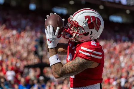 Wisconsin Badgers wide receiver Trech Kekahuna celebrates a touchdown reception during a Big Ten Conference NCAA college football game against the Purdue Boilermakers, Saturday, Oct. 5, 2024, in Madison, Wis. The Badgers won 52-6. (Photo by David Stluka/Wisconsin Athletic Communications)