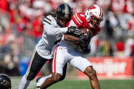 Wisconsin Badgers wide receiver Vinny Anthony II (8) carries the ball during a Big Ten Conference NCAA college football game against the Purdue Boilermakers, Saturday, Oct. 5, 2024, in Madison, Wis. The Badgers won 52-6. (Photo by David Stluka/Wisconsin Athletic Communications)