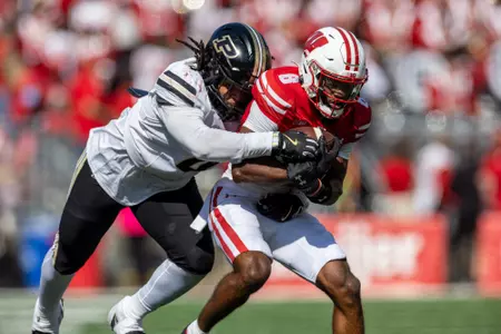 Wisconsin Badgers wide receiver Vinny Anthony II (8) carries the ball during a Big Ten Conference NCAA college football game against the Purdue Boilermakers, Saturday, Oct. 5, 2024, in Madison, Wis. The Badgers won 52-6. (Photo by David Stluka/Wisconsin Athletic Communications)