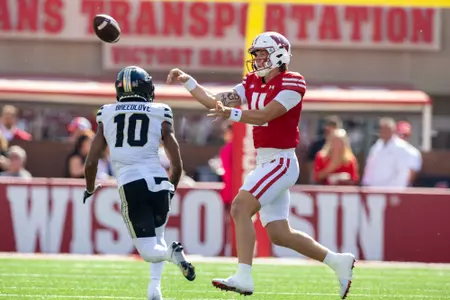Wisconsin Badgers quarterback Mabrey Mettauer (11) throws a pass during a Big Ten Conference NCAA college football game against the Purdue Boilermakers, Saturday, Oct. 5, 2024, in Madison, Wis. The Badgers won 52-6. (Photo by David Stluka/Wisconsin Athletic Communications)