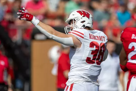 Wisconsin Badgers tight end Tucker Ashcroft (38) celebrates a first down during a Big Ten Conference NCAA college football game against the Rutgers Scarlet Knights, Saturday, Oct. 12, 2024, in Piscataway, NJ. The Badgers won 42-7. (Photo by David Stluka/Wisconsin Athletic Communications)