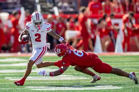 Wisconsin Badgers wide receiver Trech Kekahuna (2) carries the ball during a Big Ten Conference NCAA college football game against the Rutgers Scarlet Knights, Saturday, Oct. 12, 2024, in Piscataway, NJ. The Badgers won 42-7. (Photo by David Stluka/Wisconsin Athletic Communications)
