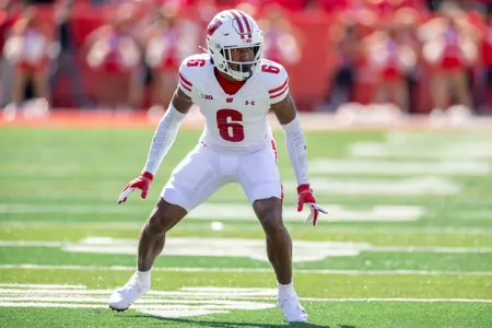 Wisconsin Badgers defensive back Xavier Lucas (6) defends during a Big Ten Conference NCAA college football game against the Rutgers Scarlet Knights, Saturday, Oct. 12, 2024, in Piscataway, NJ. The Badgers won 42-7. (Photo by David Stluka/Wisconsin Athletic Communications)