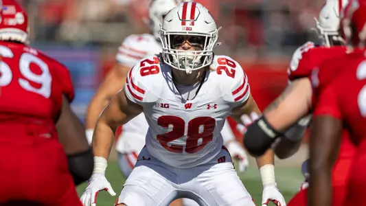 Wisconsin Badgers linebacker Christian Alliegro (28) defends during a Big Ten Conference NCAA college football game against the Rutgers Scarlet Knights, Saturday, Oct. 12, 2024, in Piscataway, NJ. The Badgers won 42-7. (Photo by David Stluka/Wisconsin Athletic Communications)
