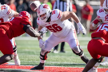 Wisconsin Badgers offensive lineman Joe Brunner (56) blocks during a Big Ten Conference NCAA college football game against the Rutgers Scarlet Knights, Saturday, Oct. 12, 2024, in Piscataway, NJ. The Badgers won 42-7. (Photo by David Stluka/Wisconsin Athletic Communications)