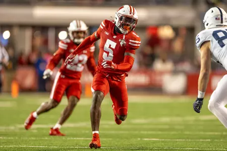 Wisconsin Badgers defensive back R.J. Delancy III (5) runs downfield during a Big Ten Conference NCAA college football game against the Penn State Nittany Lions, Saturday, Oct. 26, 2024, in Madison, Wis. The Nittany Lions won 28-13. (Photo by David Stluka/Wisconsin Athletic Communications)
