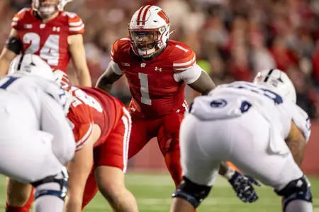 Wisconsin Badgers linebacker Jake Chaney (1) lines up on defense during a Big Ten Conference NCAA college football game against the Penn State Nittany Lions, Saturday, Oct. 26, 2024, in Madison, Wis. The Nittany Lions won 28-13. (Photo by David Stluka/Wisconsin Athletic Communications)