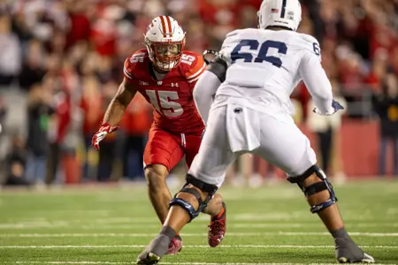Wisconsin Badgers linebacker Sebastian Cheeks (15) lines up on defense during a Big Ten Conference NCAA college football game against the Penn State Nittany Lions, Saturday, Oct. 26, 2024, in Madison, Wis. The Nittany Lions won 28-13. (Photo by David Stluka/Wisconsin Athletic Communications)