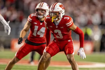 Wisconsin Badgers defensive back Nyzier Fourqurean (3) defends during a Big Ten Conference NCAA college football game against the Penn State Nittany Lions, Saturday, Oct. 26, 2024, in Madison, Wis. The Nittany Lions won 28-13. (Photo by David Stluka/Wisconsin Athletic Communications)