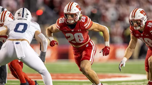 Wisconsin Badgers linebacker Christian Alliegro (28) defends during the Big Ten Conference NCAA college football game against the Penn State Nittany Lions, Saturday, Oct. 26, 2024, in Madison, Wis. The Nittany Lions won 28-13. (Photo by David Stluka/Wisconsin Athletic Communications)