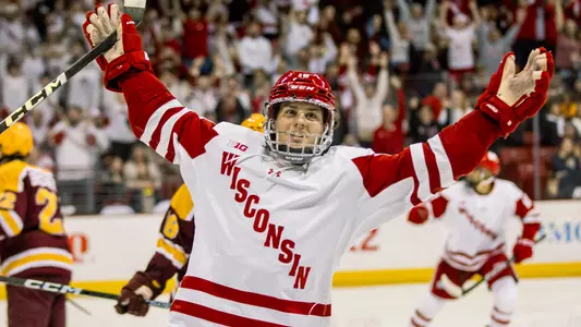 Owen Lindmark celebrates scoring a goal versus Minnesota