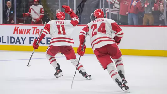 Simon Tassy celebrates scoring a goal at the 2023 Kwik Trip Holiday Face-Off