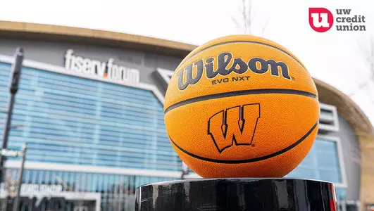 Wisconsin basketball sits in front of Fiserv Forum