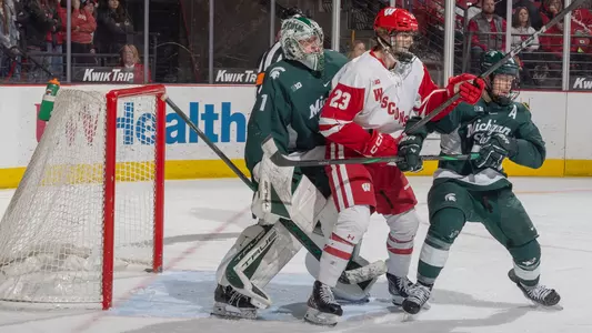Sawyer Scholl in front of the Michigan State net