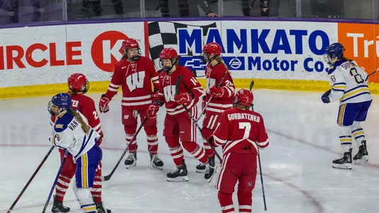 Maggie Scannell celebrates a goal against Minnesota State