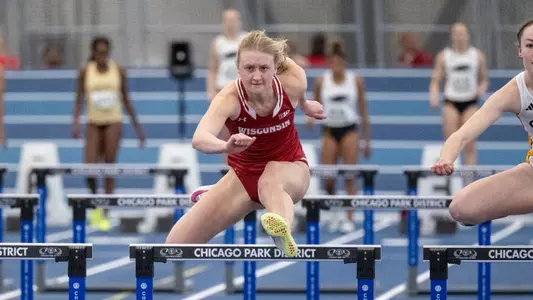Maddie Hogan competes in the 60 meter hurdles at the Midwest Invite on Jan. 13 2024