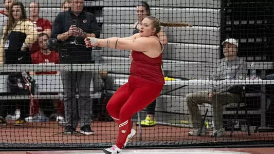 Chloe Lindeman competes in the weight throw at the Badgers Windy City Invitational on Feb. 9 2024