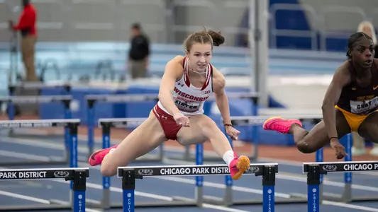 Shaina Zinter competes in the 60 meter hurdles at the Badgers Windy City Invitational on Feb. 9 2024