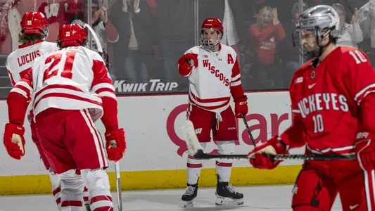 The Badgers celebrate scoring a goal against Ohio State at the Kohl Center.