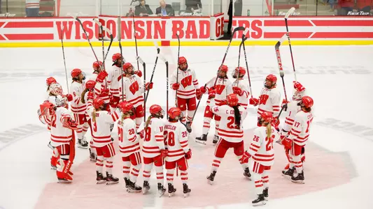Wisconsin women's hockey celebrates a win against SCSU on Feb. 3, 2024