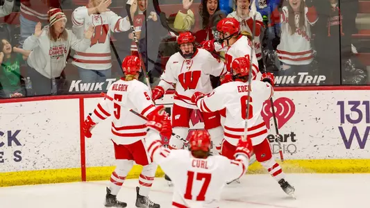 Wisconsin women's hockey celebrates a goal from Laney Potter against Minnesota on Feb. 16, 2024 at LaBahn Arena