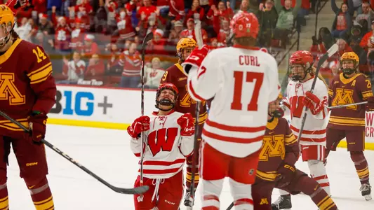 Lacey Eden celebrates a goal against Minnesota on Feb. 17, 2024