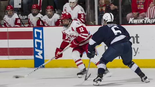 Mathieu De St. Phalle plays the puck against Penn State.