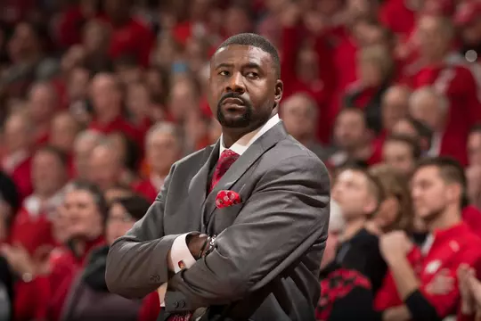 Wisconsin Badgers assistant coach Howard Moore during an NCAA college basketball game against the Indiana Hoosiers, Tuesday, January 26, 2016, in Madison, Wis. The Badgers won 82-79 in overtime. (Photo by David Stluka)