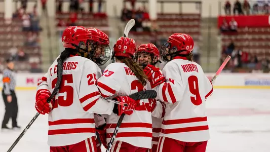 Wisconsin women's hockey celebrates a goal against St. Thomas at LaBahn Arena on Jan. 13, 2024