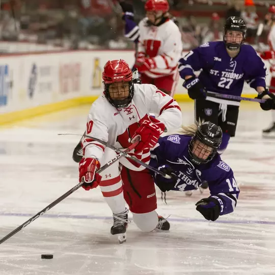 Laila Edwards battles a St. Thomas player at LaBahn Arena