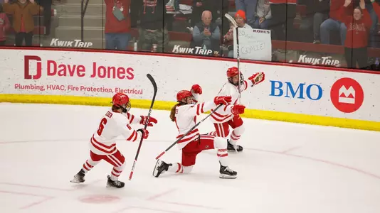 Caroline Harvey celebrates her game-winning goal over St. Cloud State on Feb. 3, 2024