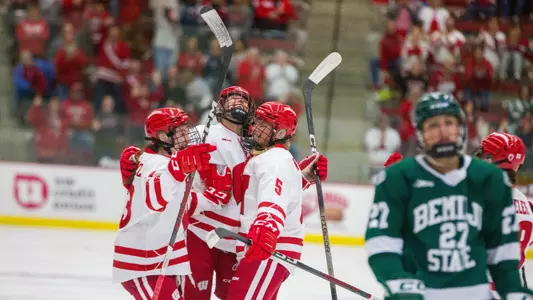 Wisconsin women's hockey celebrates a goal against Bemidji State on Oct. 20