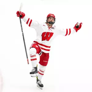 Caroline Harvey celebrates a goal against SCSU on Feb. 4
