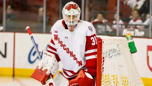 Kyle McClellan in net for the Badgers against Minnesota.