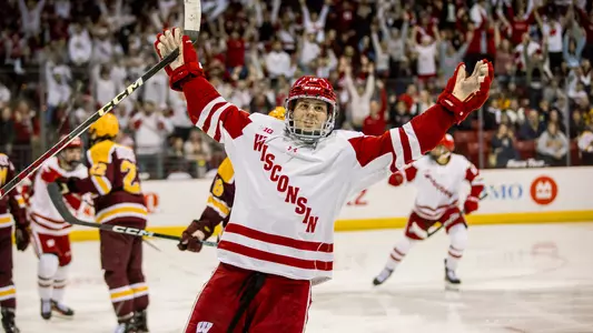 Owen Lindmark celebrates a goal against Minnesota