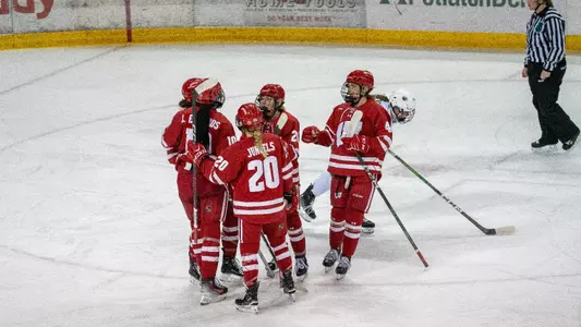 Wisconsin women's hockey celebrates a goal against Bemidji State on Feb. 9, 2024